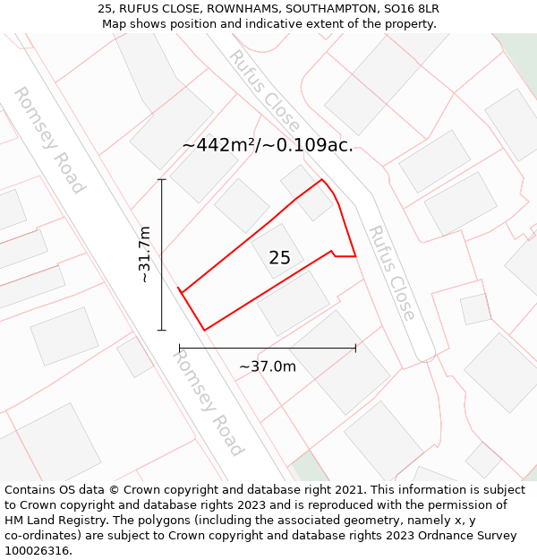 25, RUFUS CLOSE, ROWNHAMS, SOUTHAMPTON, SO16 8LR: Plot and title map