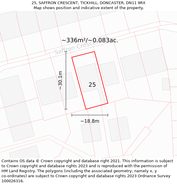 25, SAFFRON CRESCENT, TICKHILL, DONCASTER, DN11 9RX: Plot and title map