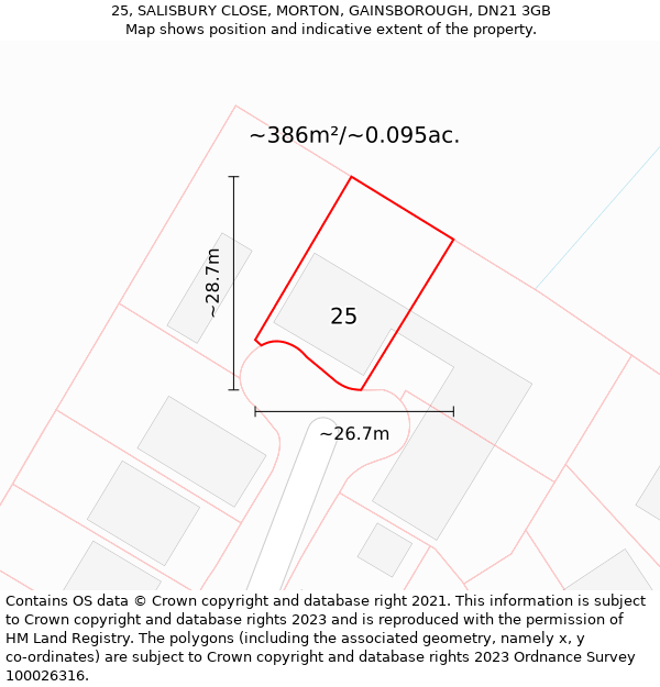 25, SALISBURY CLOSE, MORTON, GAINSBOROUGH, DN21 3GB: Plot and title map