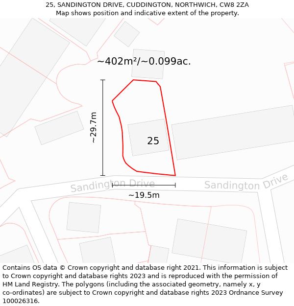 25, SANDINGTON DRIVE, CUDDINGTON, NORTHWICH, CW8 2ZA: Plot and title map