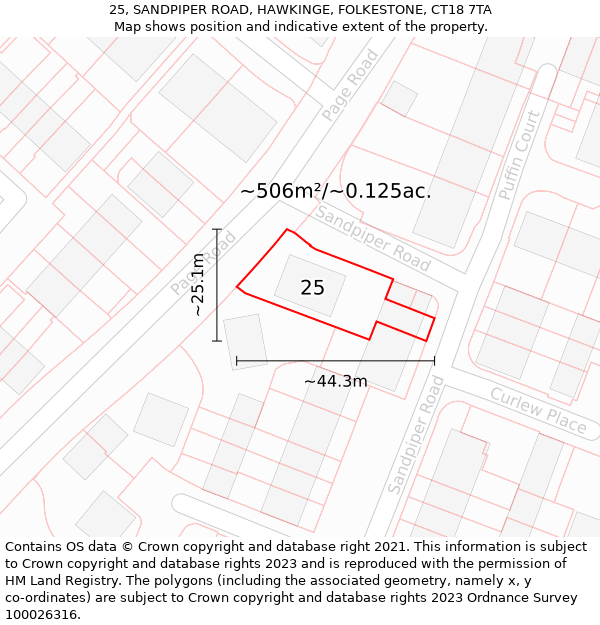 25, SANDPIPER ROAD, HAWKINGE, FOLKESTONE, CT18 7TA: Plot and title map