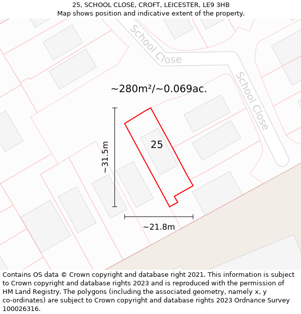 25, SCHOOL CLOSE, CROFT, LEICESTER, LE9 3HB: Plot and title map