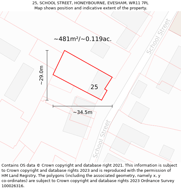 25, SCHOOL STREET, HONEYBOURNE, EVESHAM, WR11 7PL: Plot and title map