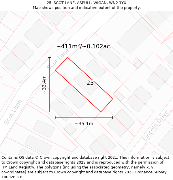 25, SCOT LANE, ASPULL, WIGAN, WN2 1YX: Plot and title map