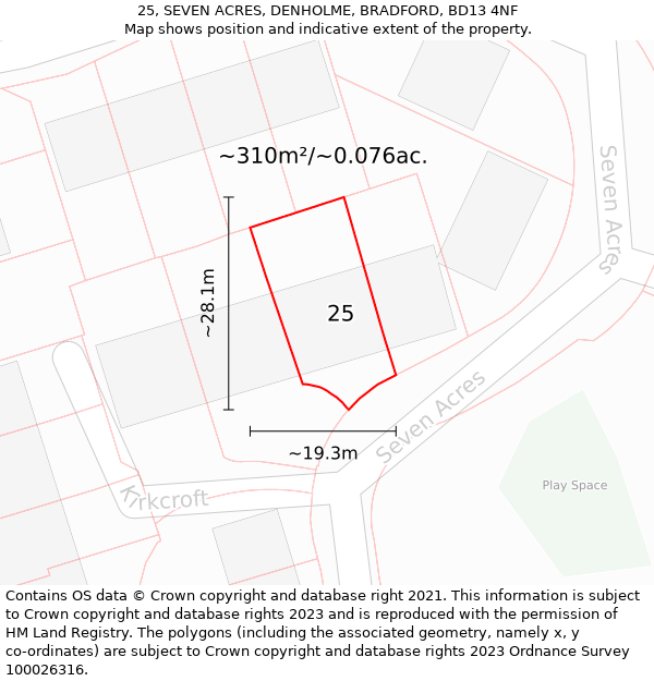 25, SEVEN ACRES, DENHOLME, BRADFORD, BD13 4NF: Plot and title map