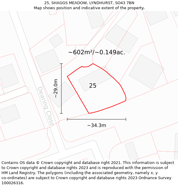 25, SHAGGS MEADOW, LYNDHURST, SO43 7BN: Plot and title map