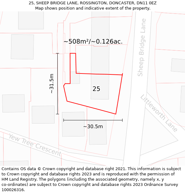 25, SHEEP BRIDGE LANE, ROSSINGTON, DONCASTER, DN11 0EZ: Plot and title map