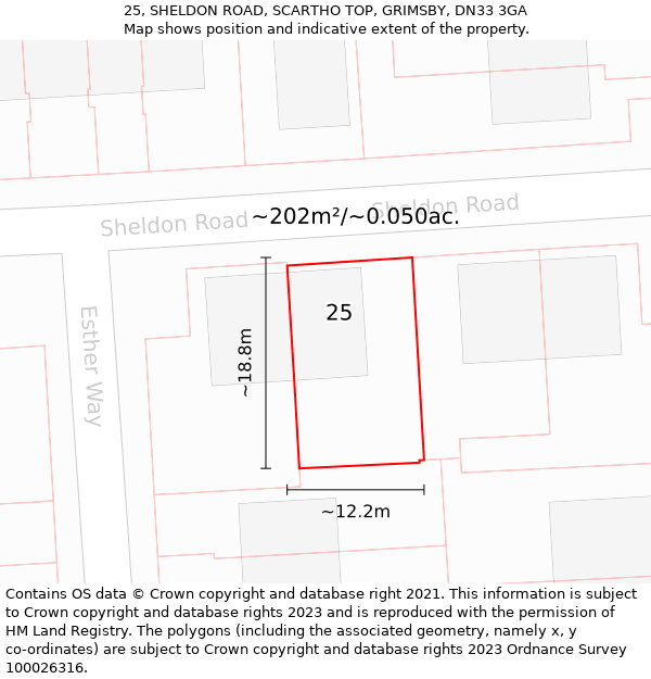 25, SHELDON ROAD, SCARTHO TOP, GRIMSBY, DN33 3GA: Plot and title map