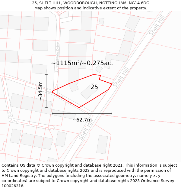 25, SHELT HILL, WOODBOROUGH, NOTTINGHAM, NG14 6DG: Plot and title map