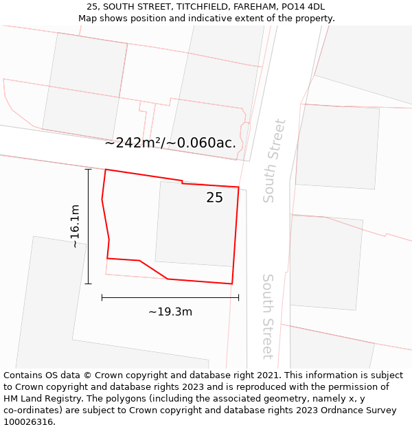 25, SOUTH STREET, TITCHFIELD, FAREHAM, PO14 4DL: Plot and title map