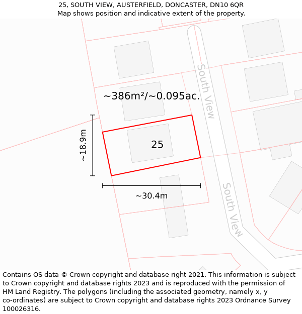 25, SOUTH VIEW, AUSTERFIELD, DONCASTER, DN10 6QR: Plot and title map
