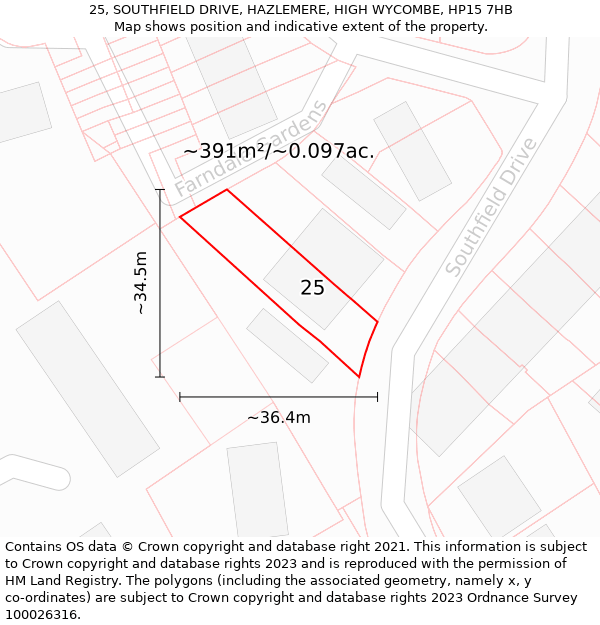 25, SOUTHFIELD DRIVE, HAZLEMERE, HIGH WYCOMBE, HP15 7HB: Plot and title map