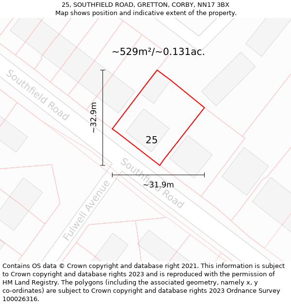 25, SOUTHFIELD ROAD, GRETTON, CORBY, NN17 3BX: Plot and title map