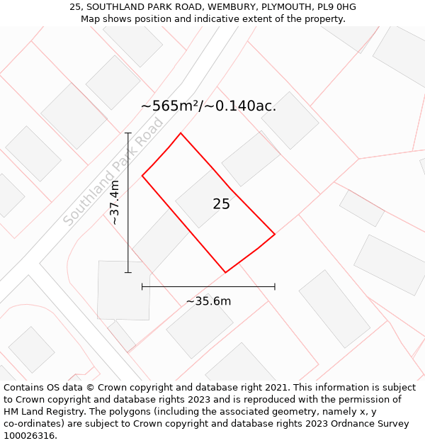 25, SOUTHLAND PARK ROAD, WEMBURY, PLYMOUTH, PL9 0HG: Plot and title map