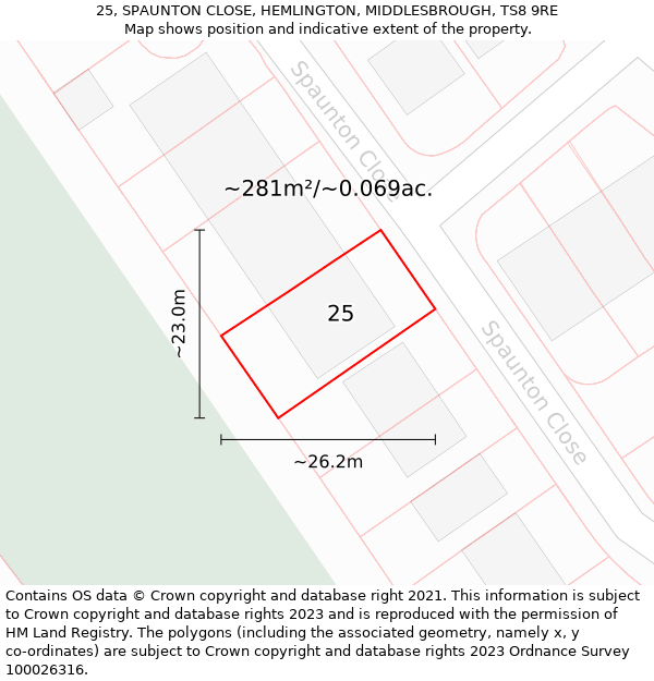 25, SPAUNTON CLOSE, HEMLINGTON, MIDDLESBROUGH, TS8 9RE: Plot and title map