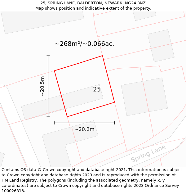 25, SPRING LANE, BALDERTON, NEWARK, NG24 3NZ: Plot and title map