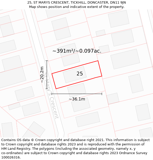 25, ST MARYS CRESCENT, TICKHILL, DONCASTER, DN11 9JN: Plot and title map