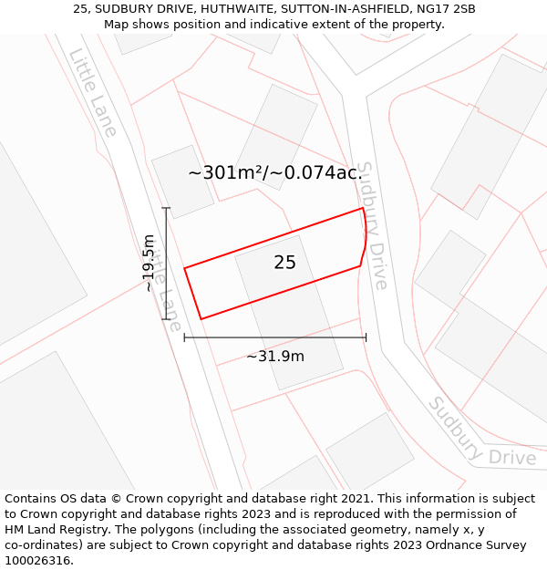 25, SUDBURY DRIVE, HUTHWAITE, SUTTON-IN-ASHFIELD, NG17 2SB: Plot and title map