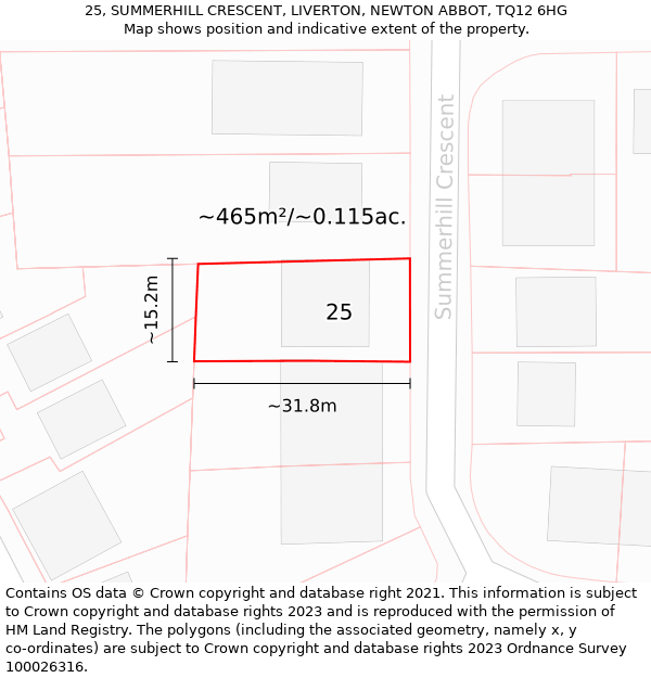 25, SUMMERHILL CRESCENT, LIVERTON, NEWTON ABBOT, TQ12 6HG: Plot and title map