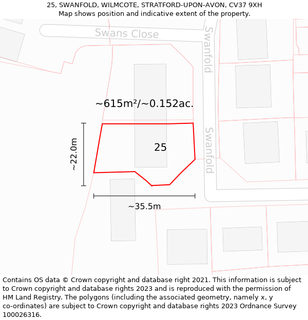 25, SWANFOLD, WILMCOTE, STRATFORD-UPON-AVON, CV37 9XH: Plot and title map