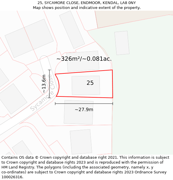 25, SYCAMORE CLOSE, ENDMOOR, KENDAL, LA8 0NY: Plot and title map