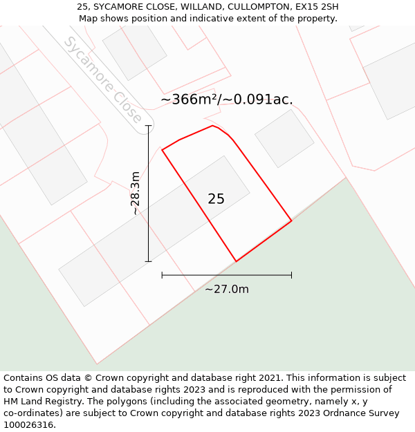 25, SYCAMORE CLOSE, WILLAND, CULLOMPTON, EX15 2SH: Plot and title map