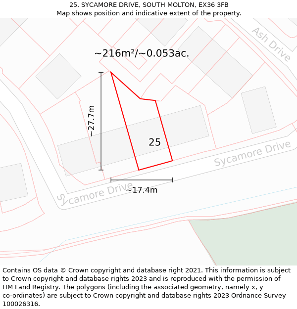 25, SYCAMORE DRIVE, SOUTH MOLTON, EX36 3FB: Plot and title map