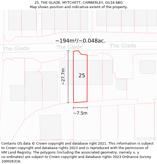 25, THE GLADE, MYTCHETT, CAMBERLEY, GU16 6BG: Plot and title map