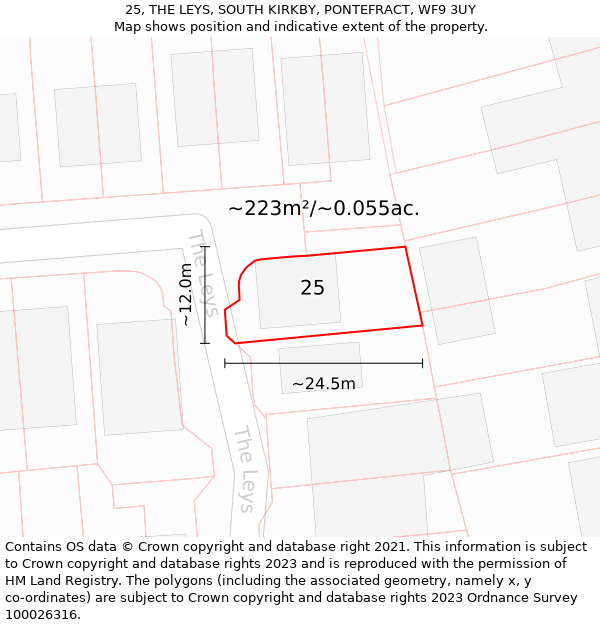 25, THE LEYS, SOUTH KIRKBY, PONTEFRACT, WF9 3UY: Plot and title map