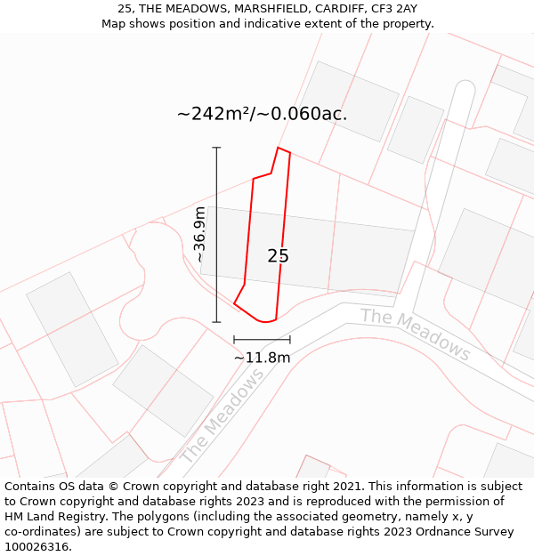 25, THE MEADOWS, MARSHFIELD, CARDIFF, CF3 2AY: Plot and title map