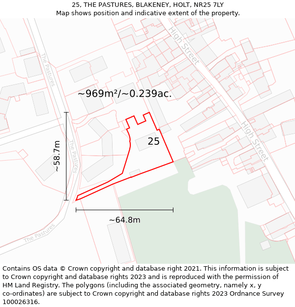 25, THE PASTURES, BLAKENEY, HOLT, NR25 7LY: Plot and title map