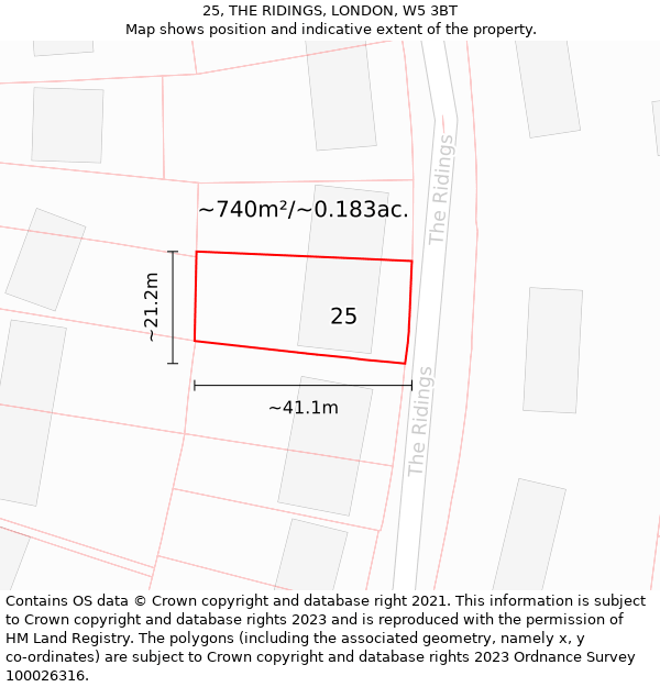 25, THE RIDINGS, LONDON, W5 3BT: Plot and title map