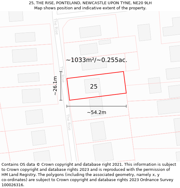 25, THE RISE, PONTELAND, NEWCASTLE UPON TYNE, NE20 9LH: Plot and title map