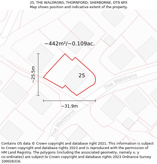 25, THE WALDRONS, THORNFORD, SHERBORNE, DT9 6PX: Plot and title map