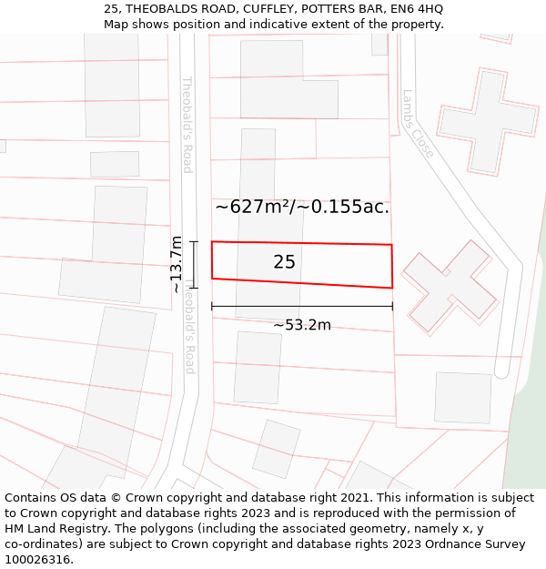 25, THEOBALDS ROAD, CUFFLEY, POTTERS BAR, EN6 4HQ: Plot and title map