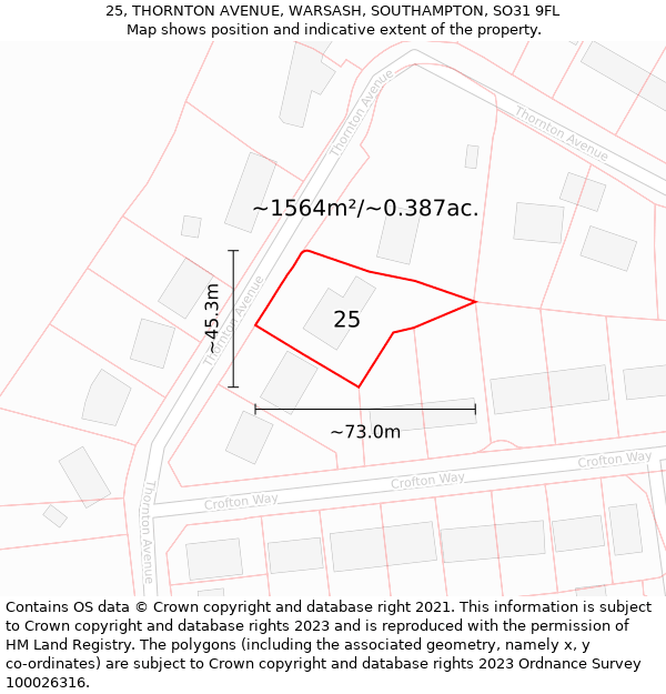 25, THORNTON AVENUE, WARSASH, SOUTHAMPTON, SO31 9FL: Plot and title map