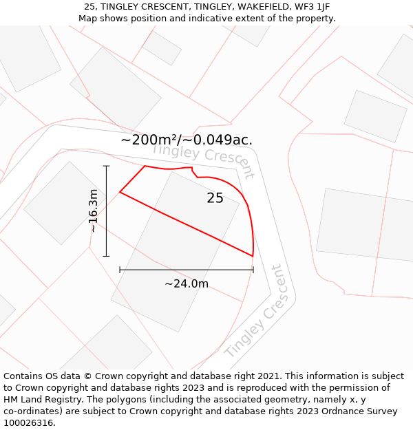 25, TINGLEY CRESCENT, TINGLEY, WAKEFIELD, WF3 1JF: Plot and title map