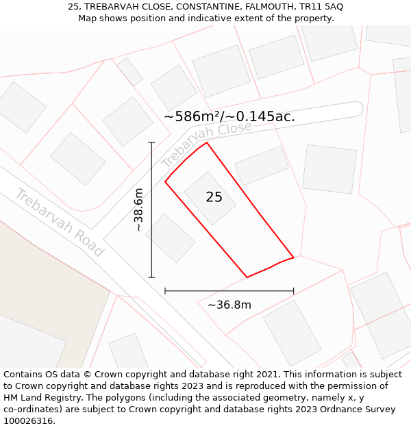 25, TREBARVAH CLOSE, CONSTANTINE, FALMOUTH, TR11 5AQ: Plot and title map