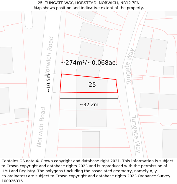 25, TUNGATE WAY, HORSTEAD, NORWICH, NR12 7EN: Plot and title map