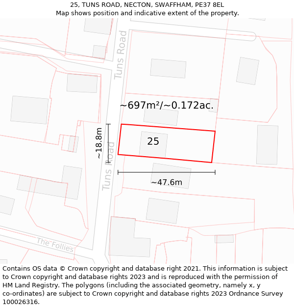 25, TUNS ROAD, NECTON, SWAFFHAM, PE37 8EL: Plot and title map