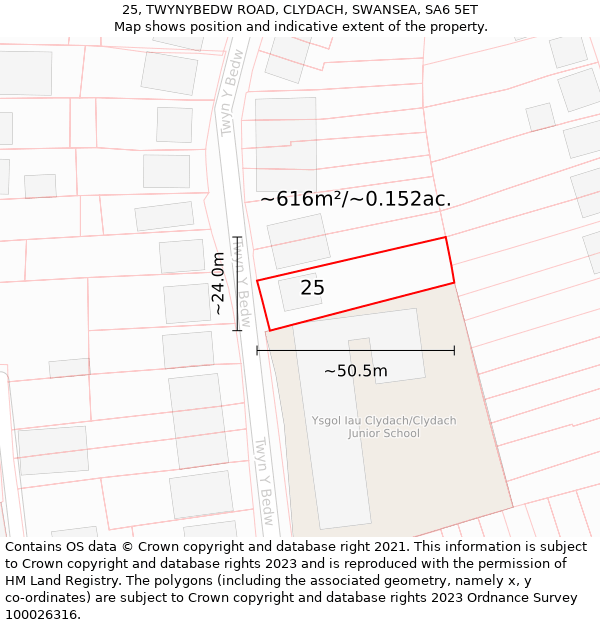 25, TWYNYBEDW ROAD, CLYDACH, SWANSEA, SA6 5ET: Plot and title map