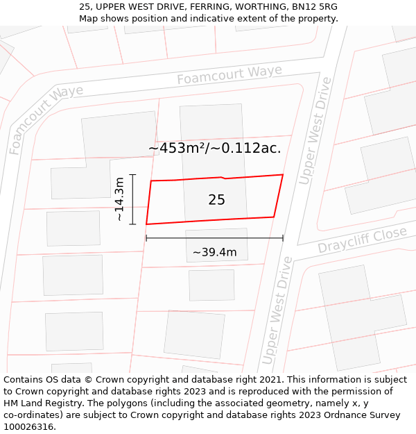 25, UPPER WEST DRIVE, FERRING, WORTHING, BN12 5RG: Plot and title map