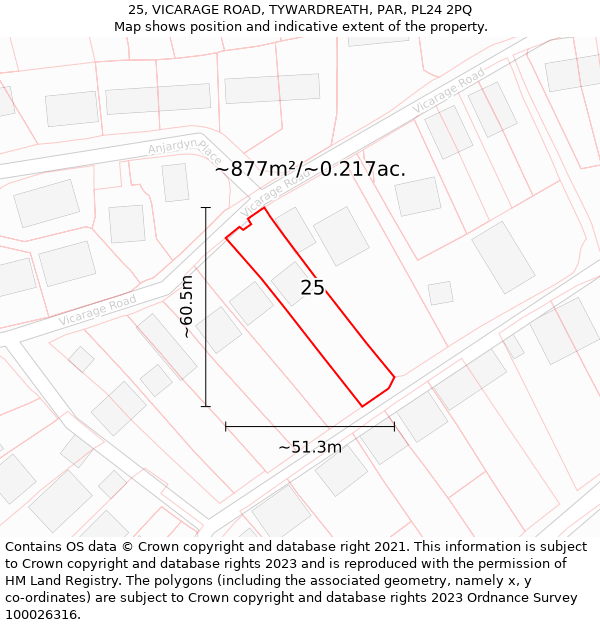 25, VICARAGE ROAD, TYWARDREATH, PAR, PL24 2PQ: Plot and title map