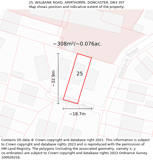 25, WALBANK ROAD, ARMTHORPE, DONCASTER, DN3 3ST: Plot and title map