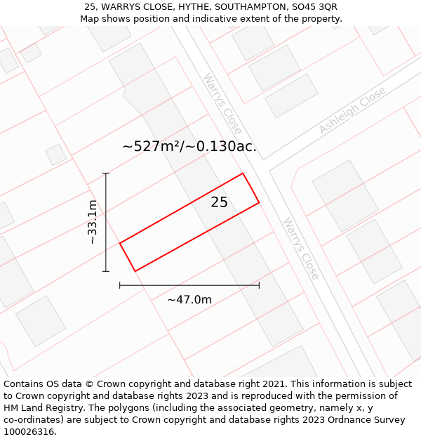 25, WARRYS CLOSE, HYTHE, SOUTHAMPTON, SO45 3QR: Plot and title map