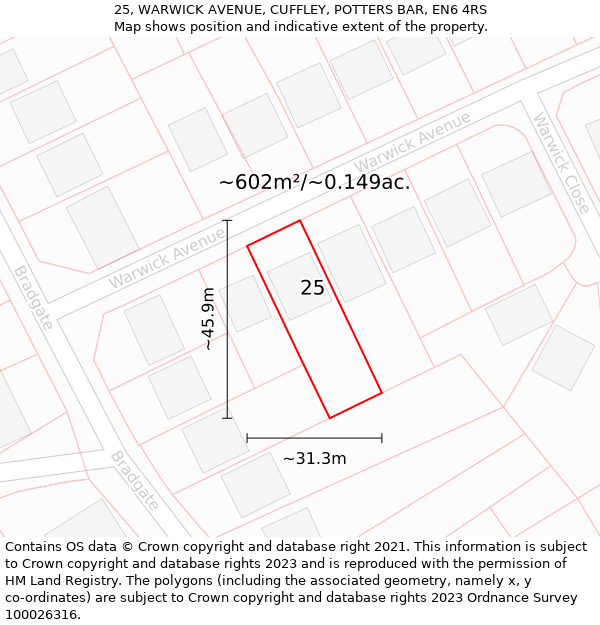 25, WARWICK AVENUE, CUFFLEY, POTTERS BAR, EN6 4RS: Plot and title map