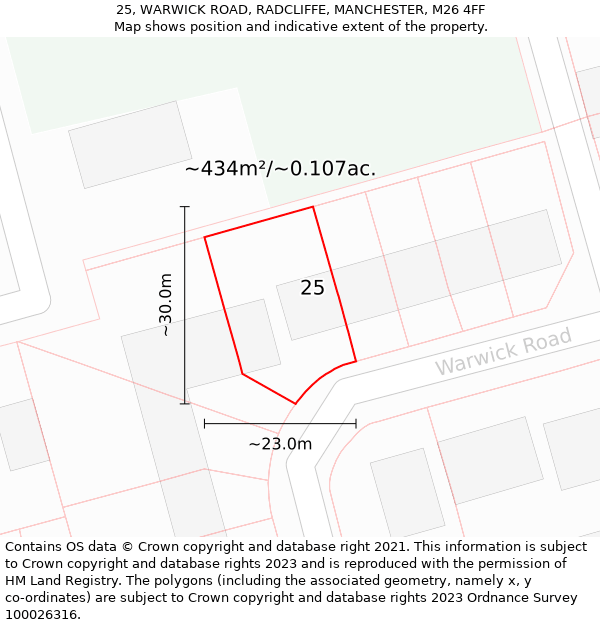 25, WARWICK ROAD, RADCLIFFE, MANCHESTER, M26 4FF: Plot and title map