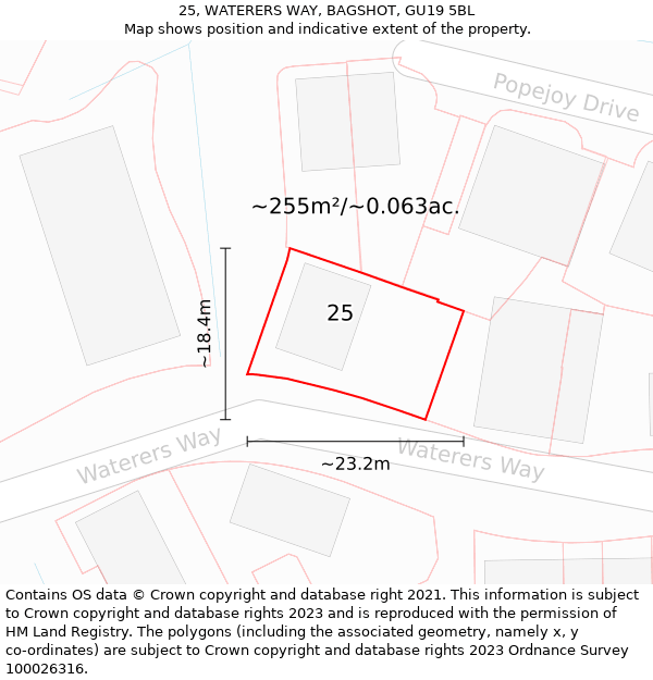 25, WATERERS WAY, BAGSHOT, GU19 5BL: Plot and title map