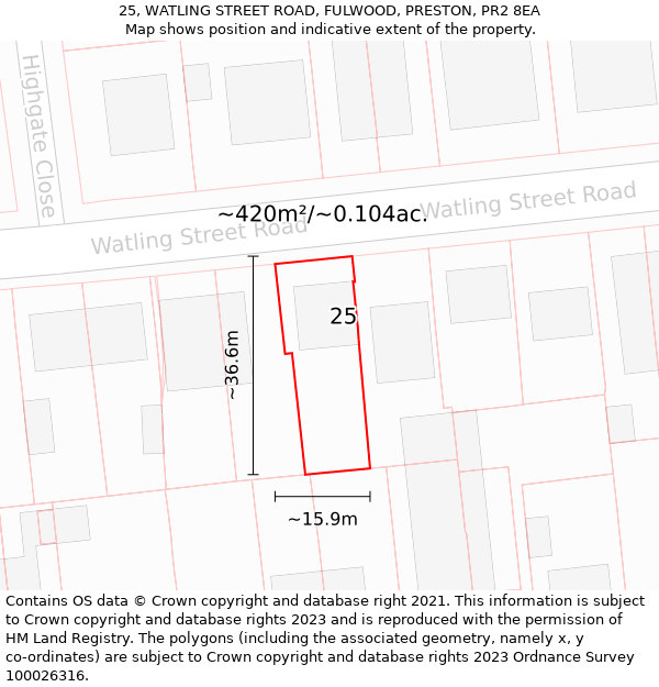 25, WATLING STREET ROAD, FULWOOD, PRESTON, PR2 8EA: Plot and title map