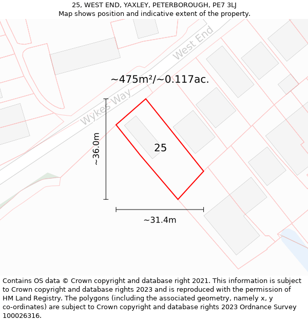 25, WEST END, YAXLEY, PETERBOROUGH, PE7 3LJ: Plot and title map